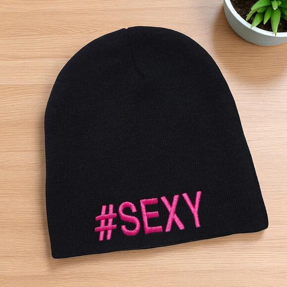 Statement SEXY Embroidered Hot Pink Black Beanie Hat Cap - Picture 1 of 1